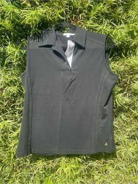 Women’s Black Sleeveless Golf Polo with Gold Stitching Detail